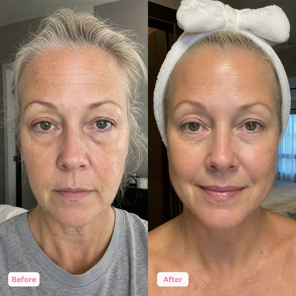 Before and after results of Glowth anti-aging night cream showing firmer and smoother skin in women over 50