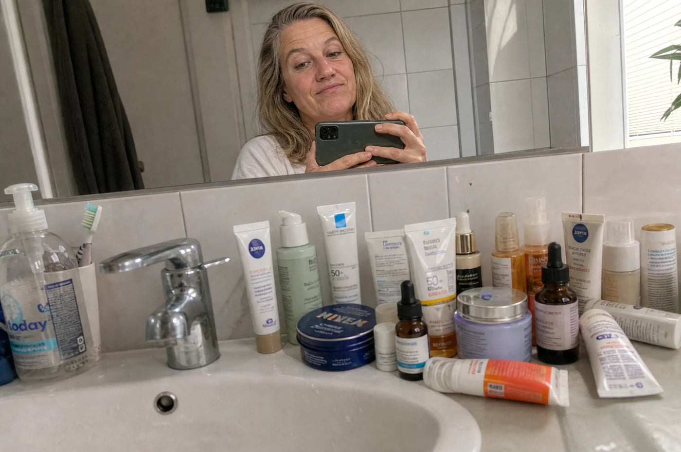 My bathroom shelf during those years. Sound familiar?